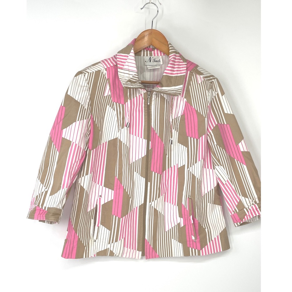 VTG N Touch Womens Jacket M‎ Full Zip Geometric Abstract Pink Brown Striped